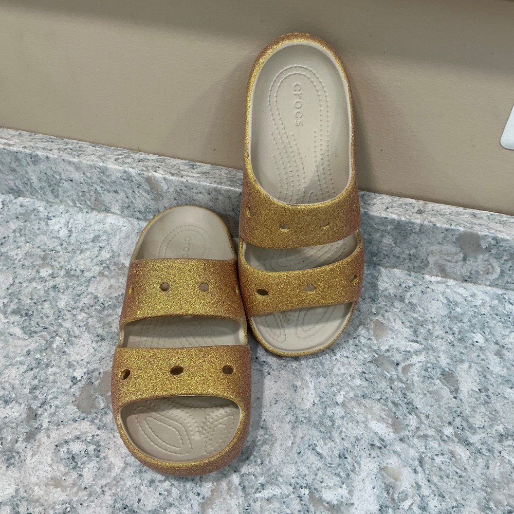 Crocs Sandals Classic Slide Size W8 Gold Glitter Two Strap Sparkle Slip On
